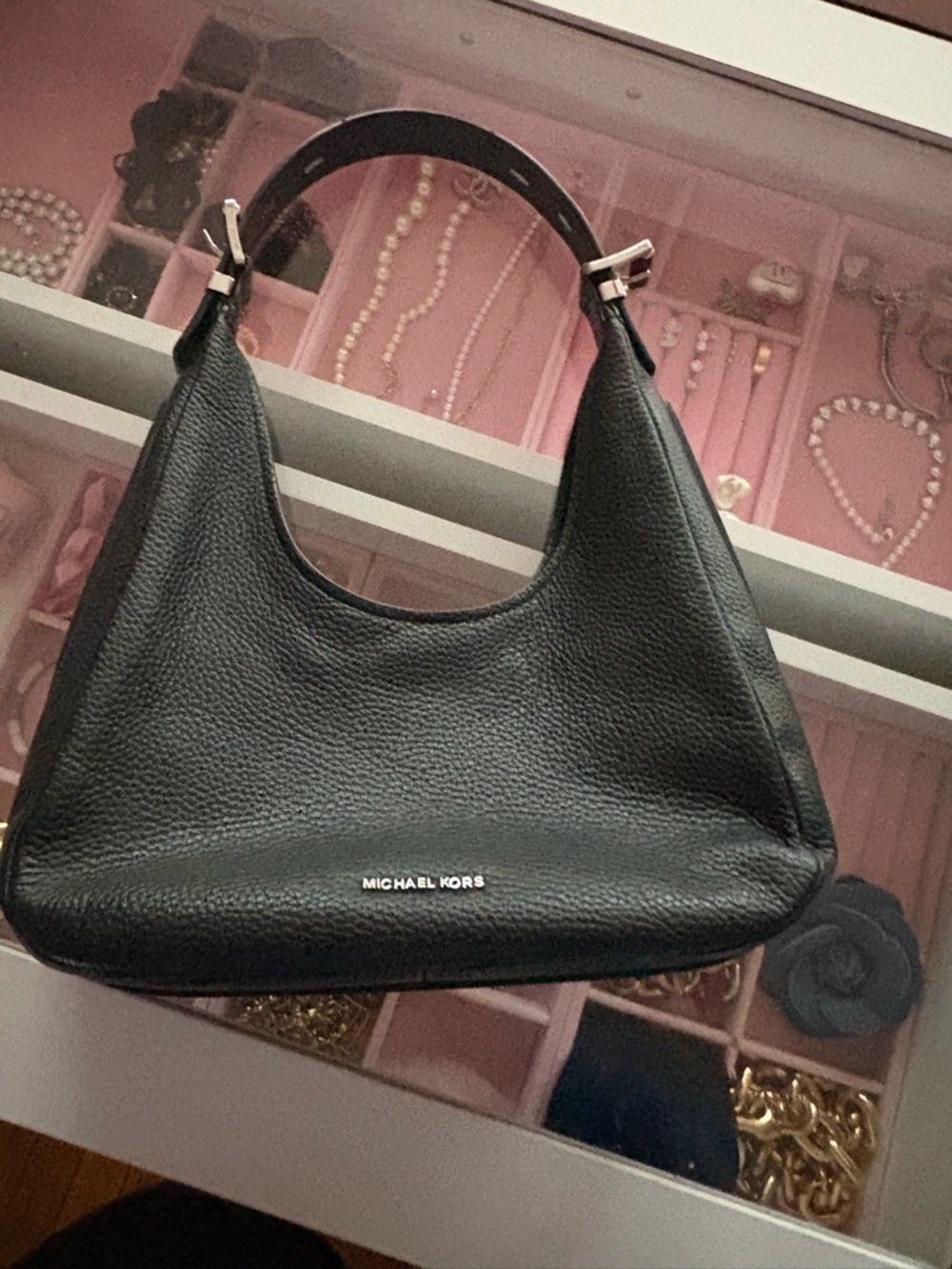 Michael Kors Black Pebbled Leather Shoulder Bag with Top Handle